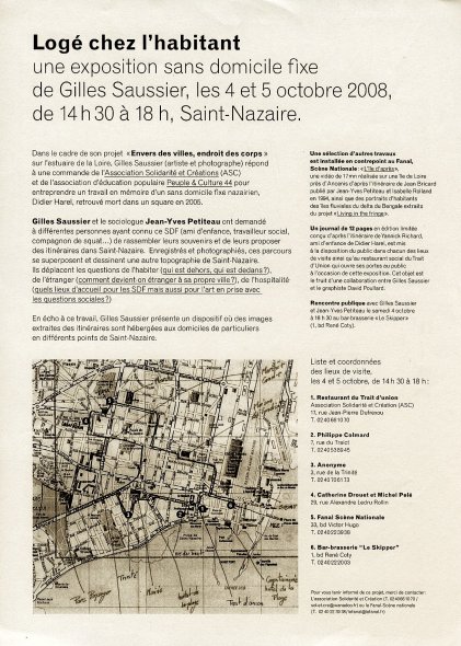 <p><strong>Saint-Nazaire | 4 et 5.10.2008<br class='manualbr' /><i>Logé chez l'habitant</i>, une exposition sans domicile fixe.<br class='autobr' />
</strong><br class='manualbr' />Tract de l'exposition</p>