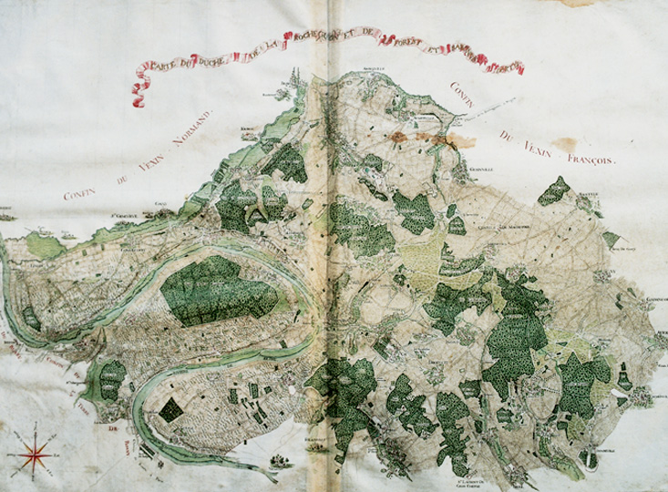 <p><strong>1. Atlas Terrier de la Roche-Guyon,</strong> <br class='manualbr' />carte aquarellée sur parchemin, 1745 <br class='manualbr' />Archives Départementales du Val d'Oise. <br class='manualbr' />Epreuve de travail</p>